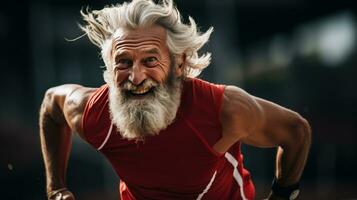 alt Athlet Laufen auf ein Spur mit Entschlossenheit foto