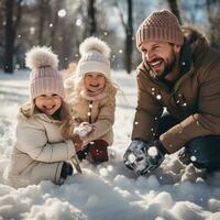 froh Familie haben Schneeball Kampf im Winter Wunderland foto