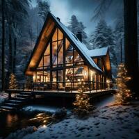 gemütlich Kabine umgeben durch Winter Wald foto