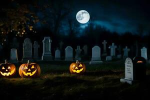 Halloween Kürbisse im ein Friedhof beim Nacht. KI-generiert foto