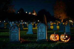 Halloween Kürbisse im ein Friedhof beim Nacht. KI-generiert foto