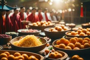 ein Tabelle mit Schalen von Essen und Menschen im rot Roben. KI-generiert foto