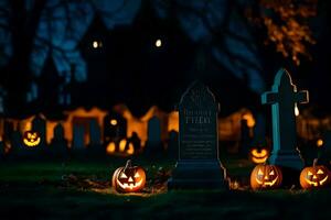 Halloween Kürbisse und Grabsteine im das Friedhof. KI-generiert foto