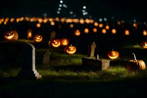 Halloween Kürbisse im ein Friedhof beim Nacht. KI-generiert foto