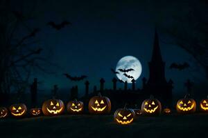 Halloween Kürbisse im das Friedhof beim Nacht. KI-generiert foto