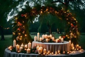 Kerzen und Blumen sind vereinbart worden um ein Tisch. KI-generiert foto