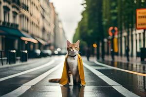 ein Katze tragen ein Gelb Kap auf ein regnerisch Straße. KI-generiert foto