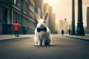 ein Weiß Hase tragen ein Bogen Krawatte Sitzung auf das Straße. KI-generiert foto