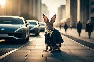 ein Hase im ein passen und Krawatte Stehen auf das Straße. KI-generiert foto