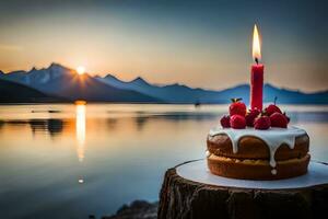 ein Kuchen mit ein Kerze auf oben von es ist Sitzung auf ein Stumpf. KI-generiert foto