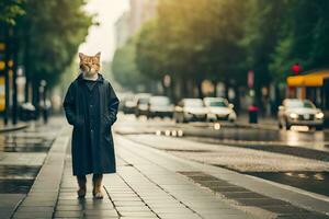 ein Katze im ein Mantel Stehen auf ein Straße. KI-generiert foto