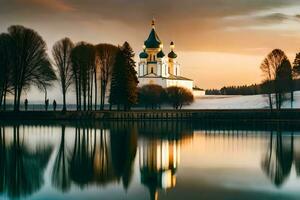 ein Kirche ist reflektiert im das Wasser beim Sonnenuntergang. KI-generiert foto