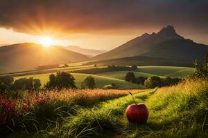 ein rot Apfel ist Sitzung auf ein Hügel im Vorderseite von ein Berg. KI-generiert foto