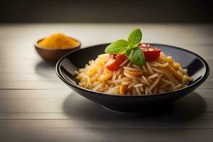 ein Schüssel von Pasta mit Tomaten und Basilikum. KI-generiert foto