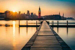 ein Seebrücke mit ein Uhr Turm im das Hintergrund. KI-generiert foto