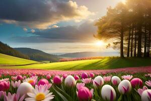 schön Frühling Landschaft mit Tulpen und Blumen. KI-generiert foto