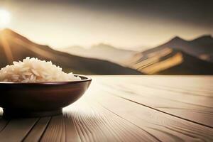 Reis im Schüssel auf hölzern Tabelle mit Berge im das Hintergrund. KI-generiert foto