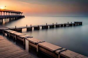 ein Seebrücke beim Sonnenuntergang mit hölzern Bretter und ein Boot. KI-generiert foto