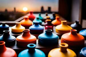 bunt Vasen auf ein Tabelle mit ein Sonnenuntergang im das Hintergrund. KI-generiert foto