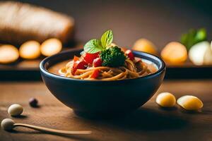 Pasta mit Gemüse und Käse im ein Schüssel. KI-generiert foto