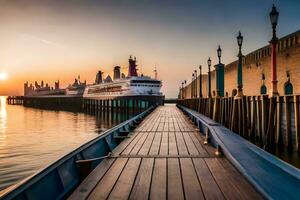 ein Seebrücke mit ein Boot angedockt beim Sonnenuntergang. KI-generiert foto