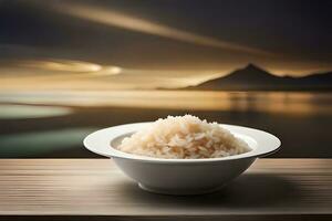 ein Schüssel von Reis auf ein Tabelle mit ein Aussicht von das Ozean. KI-generiert foto