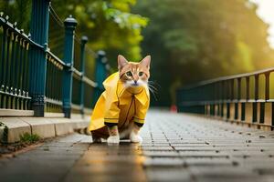 ein Katze tragen ein Gelb Regenjacke auf ein Brücke. KI-generiert foto