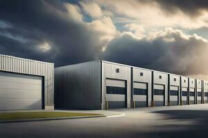 industriell Warenhaus mit dunkel Wolken und Himmel. KI-generiert foto
