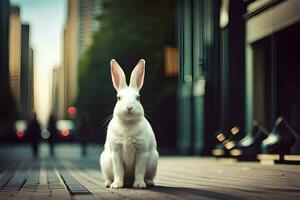 ein Weiß Hase Sitzung auf das Bürgersteig im Vorderseite von hoch Gebäude. KI-generiert foto