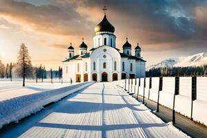 ein Kirche im das Schnee mit ein Straße führen zu Es. KI-generiert foto