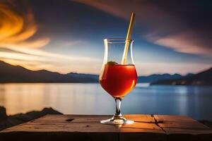 ein Glas von rot trinken Sitzung auf ein Tabelle mit ein Sonnenuntergang im das Hintergrund. KI-generiert foto