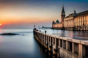 ein lange Exposition fotografieren von ein Seebrücke und ein Kirche beim Sonnenuntergang. KI-generiert foto