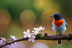 ein bunt Vogel sitzt auf ein Ast mit Blumen. KI-generiert foto