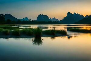 das Sonne setzt Über ein See und Berge im China. KI-generiert foto