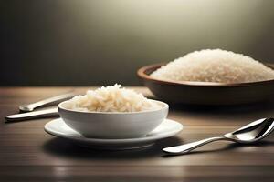 Weiß Reis im Schüssel und Löffel auf hölzern Tisch. KI-generiert foto