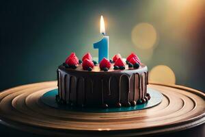 ein Schokolade Geburtstag Kuchen mit ein zündete Kerze auf oben. KI-generiert foto