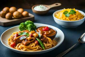 ein Schüssel von Spaghetti mit Fleisch und Gemüse. KI-generiert foto