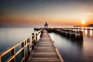 ein Seebrücke mit ein Leuchtturm beim Sonnenuntergang. KI-generiert foto