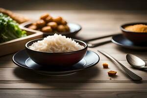 ein Schüssel von Reis und ein Schüssel von Gemüse auf ein Tisch. KI-generiert foto