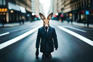 ein Hase gekleidet im ein passen und Krawatte Stehen auf das Straße. KI-generiert foto