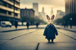 ein Hase tragen ein Mantel und Krawatte Stehen auf ein Straße. KI-generiert foto