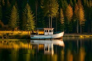 ein Boot sitzt auf das Wasser im Vorderseite von ein Wald. KI-generiert foto