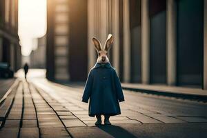 ein Hase tragen ein Mantel und Stehen auf ein Straße. KI-generiert foto