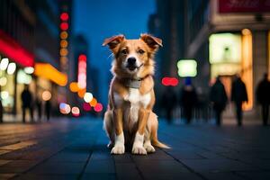 ein Hund Sitzung auf das Bürgersteig im Vorderseite von ein Stadt. KI-generiert foto