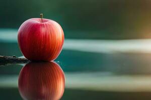 rot Apfel auf ein Baum Ast mit Wasser Betrachtung. KI-generiert foto