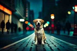 ein Hund Sitzung auf das Straße beim Nacht. KI-generiert foto