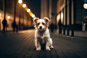 ein Hund Sitzung auf das Straße beim Nacht. KI-generiert foto