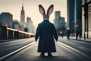 ein Hase tragen ein Mantel und Hut steht auf ein Straße. KI-generiert foto