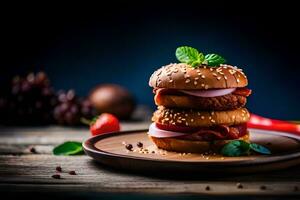 ein Hamburger mit Speck, Käse und Tomate auf ein Platte. KI-generiert foto