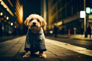 ein Hund tragen ein Jacke auf ein Stadt Straße beim Nacht. KI-generiert foto